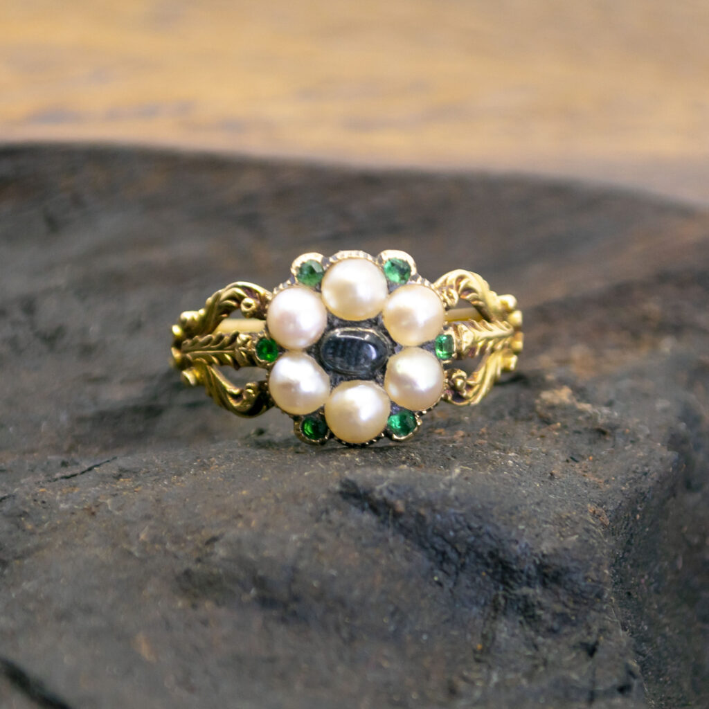 Anello antico con perla di pietra di luna smeraldo 14k 10606-6681 Immagine5