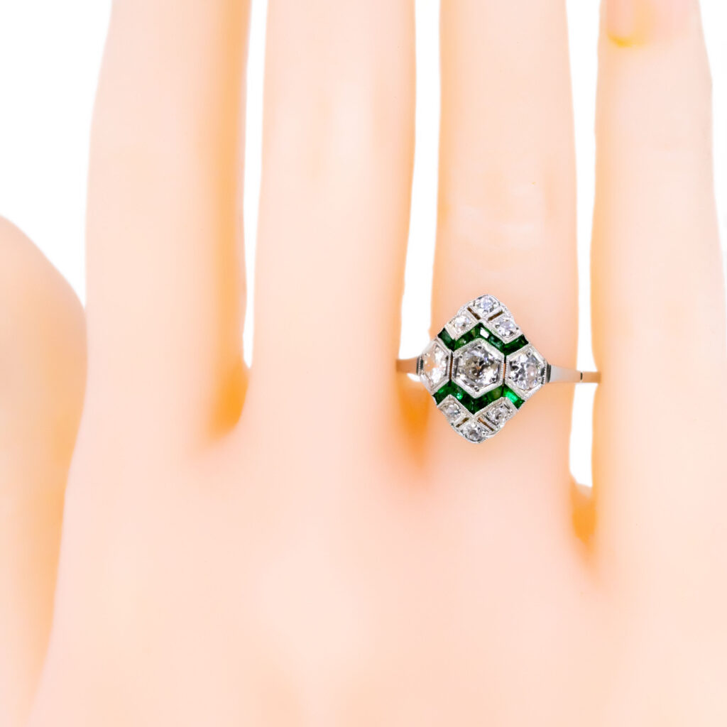 Diamond Emerald Platinum Deco Ring 13731-2395 Afbeelding2