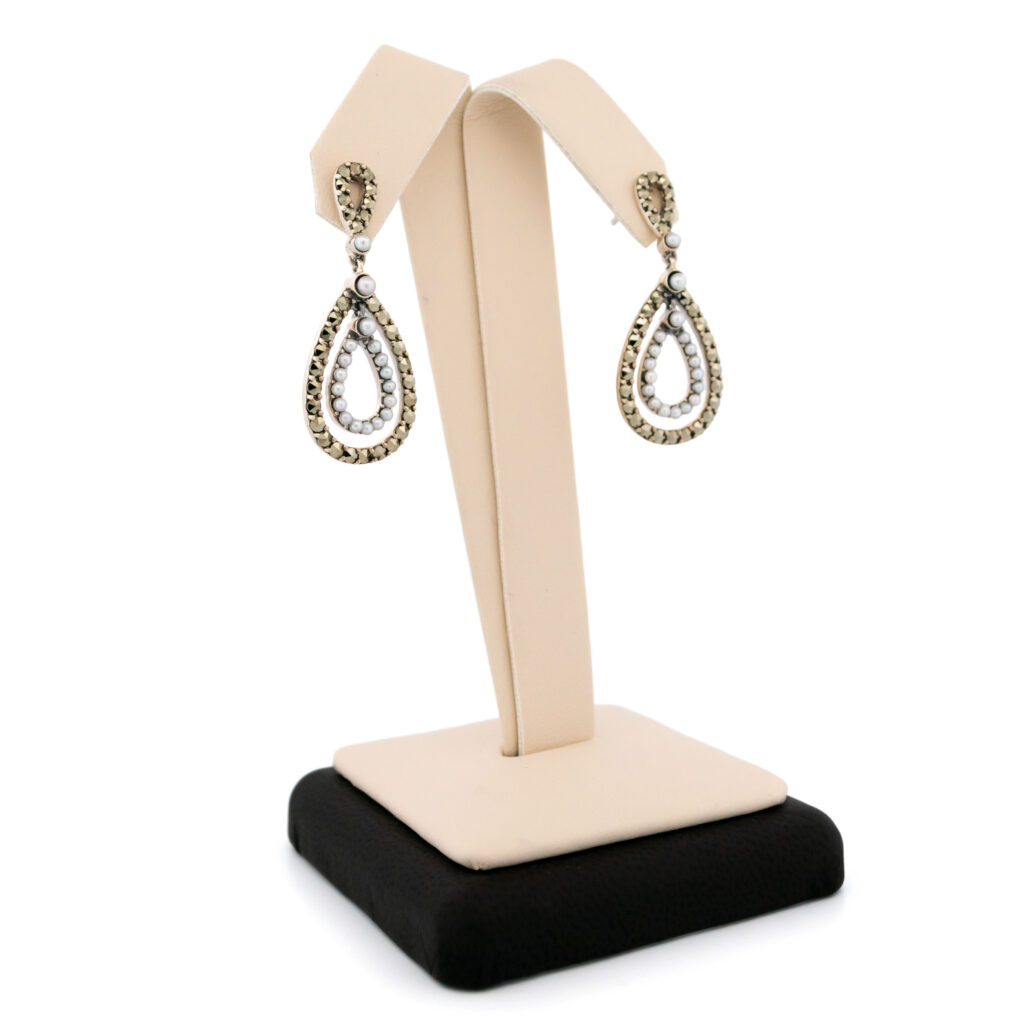 Marcasite (Pyrite) Pearl Silver Drop Earrings 14157-1492 Image2