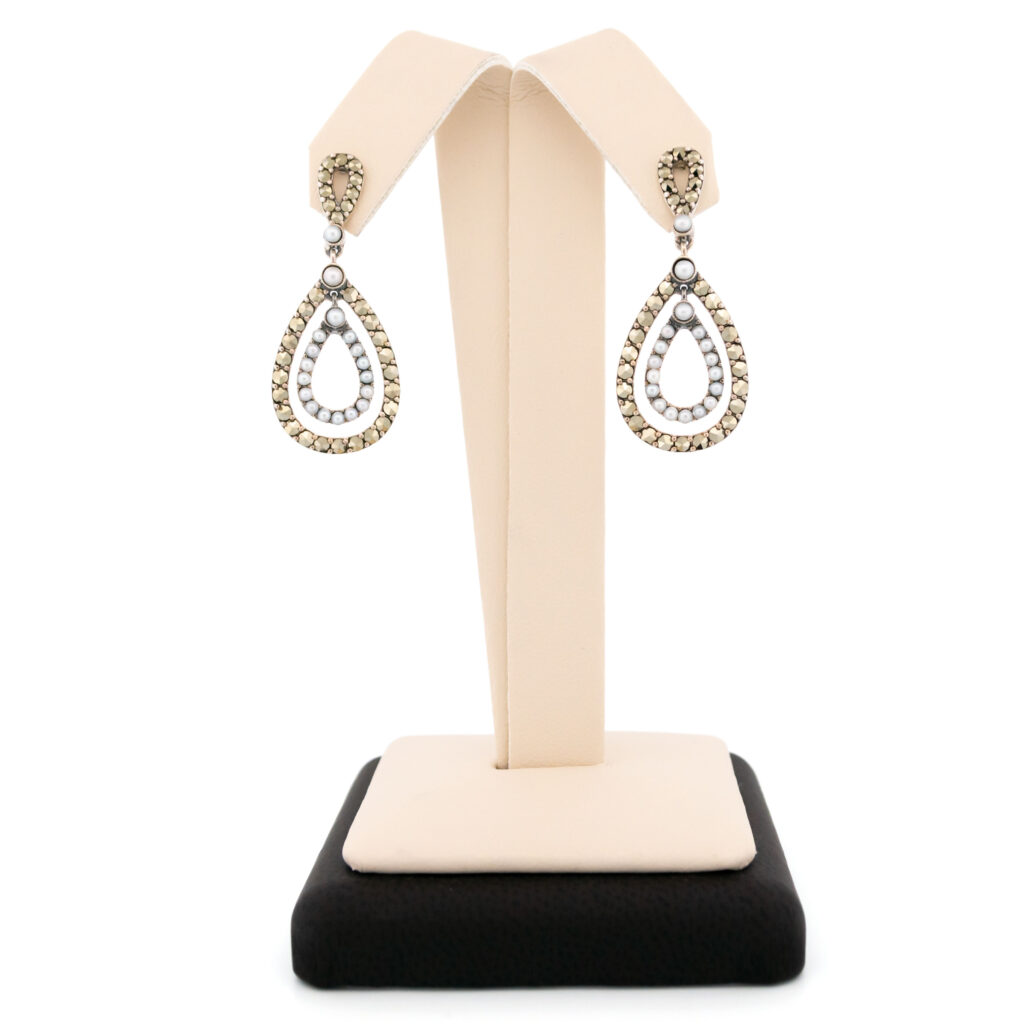 Marcasite (Pyrite) Pearl Silver Drop Earrings 14157-1492 Image1