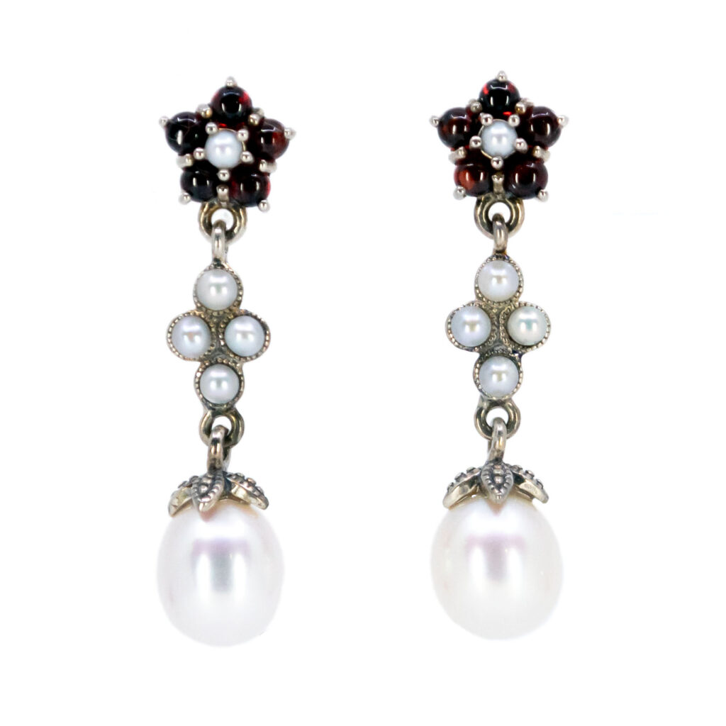 Pearl Garnet Silver Drop Earrings 14627-1712 Image1