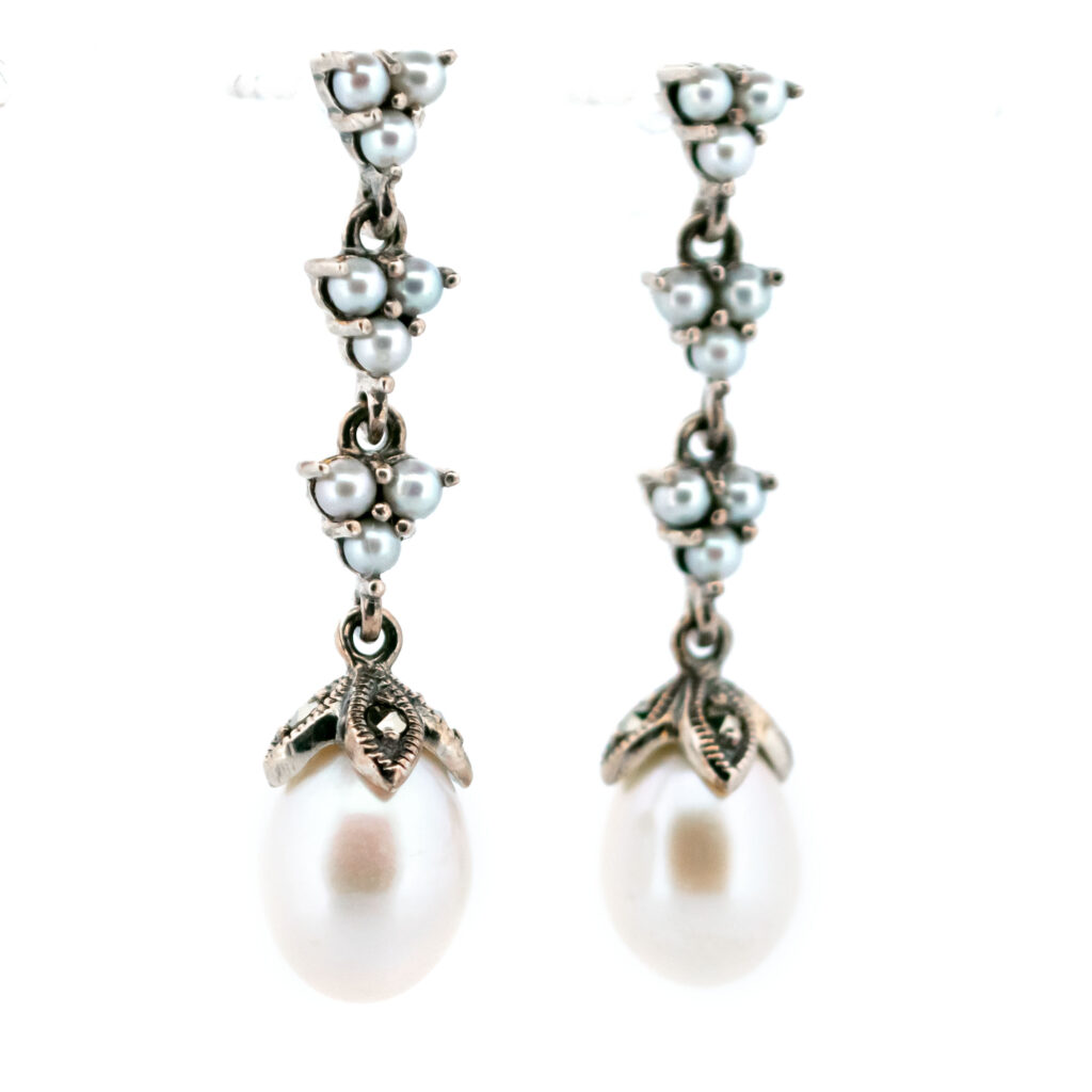 Pearl Marcasite (Pyrite) Silver Drop Earrings 14631-1716 Image2
