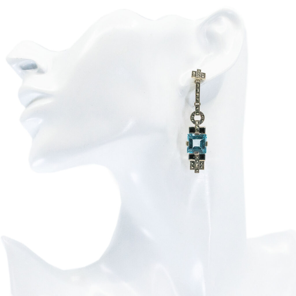 Topaz Onyx Marcasite (Pyrite) Silver Drop Earrings 14648-1733 Image2