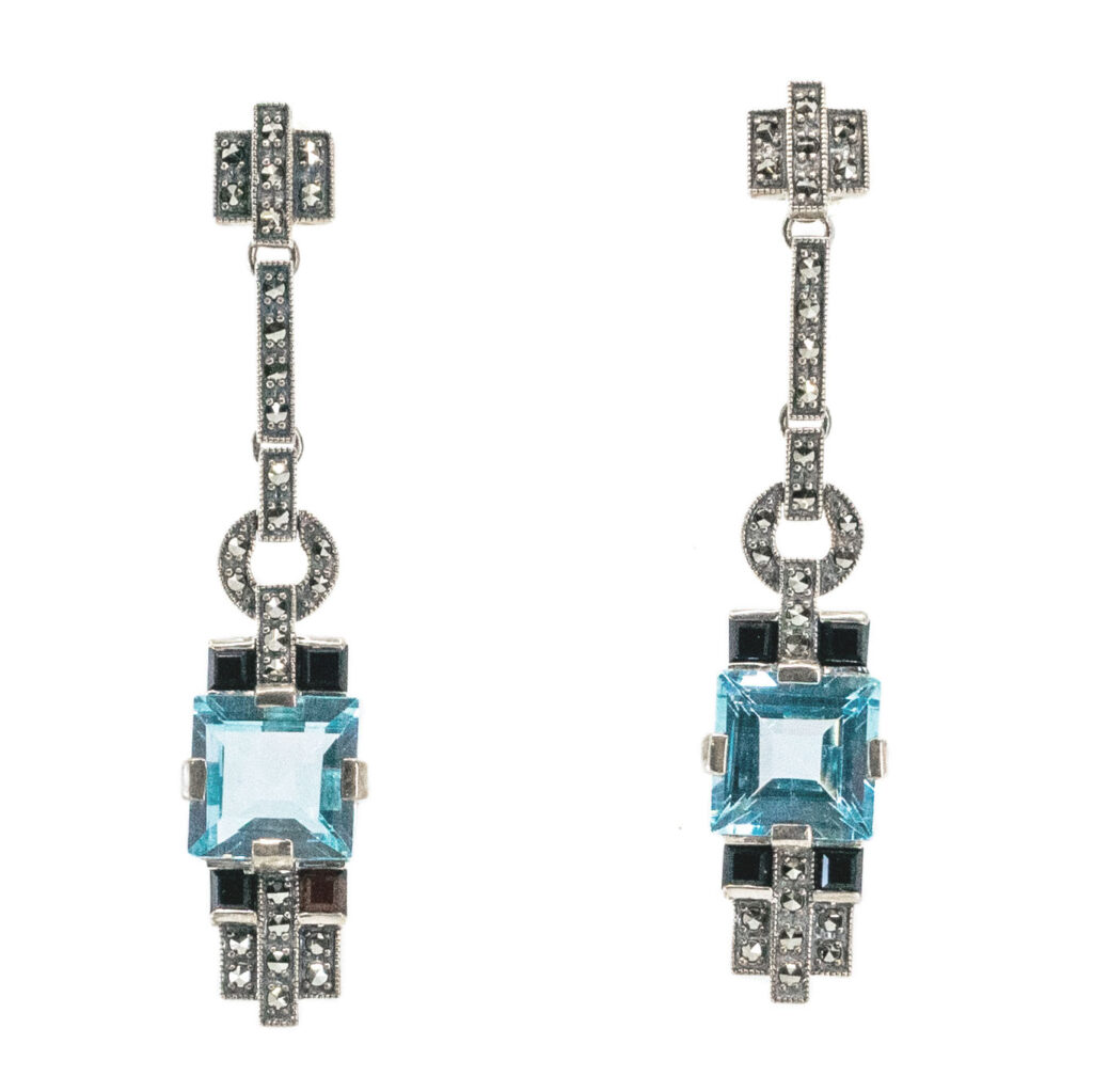 Topaz Onyx Marcasite (Pyrite) Silver Drop Earrings 14648-1733 Image1