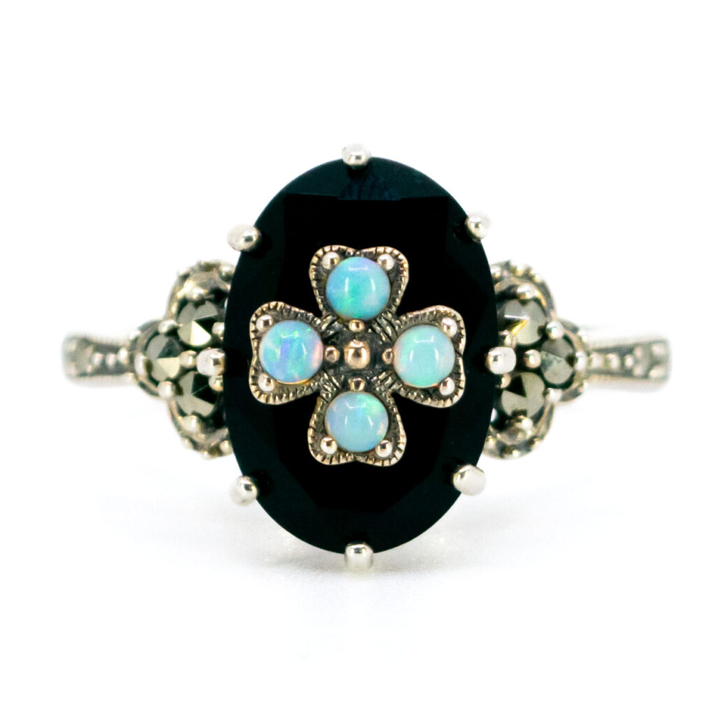 Onyx Opal Marcasite (Pyrite) Silver Floral Ring 14739-1819 Image1