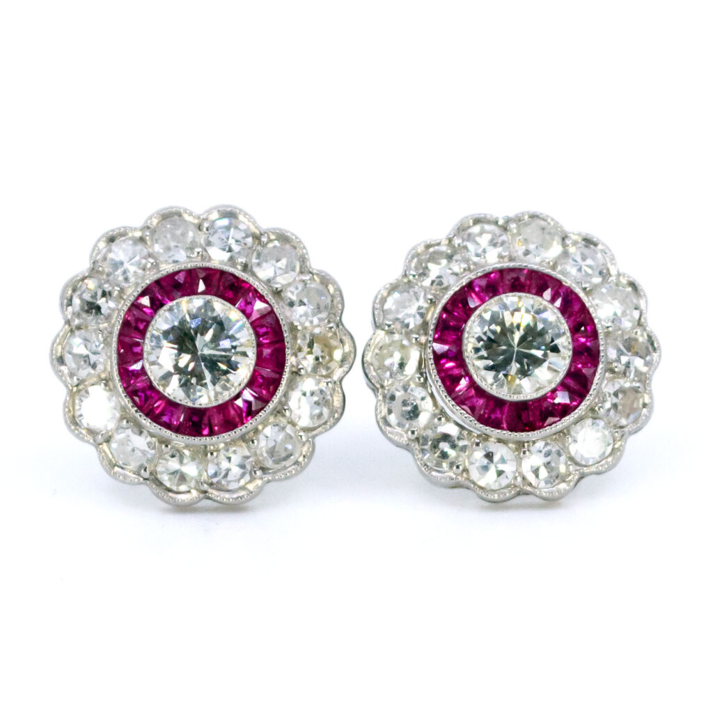 Diamond Ruby Platinum Cluster Earrings 8599-2076 Image1