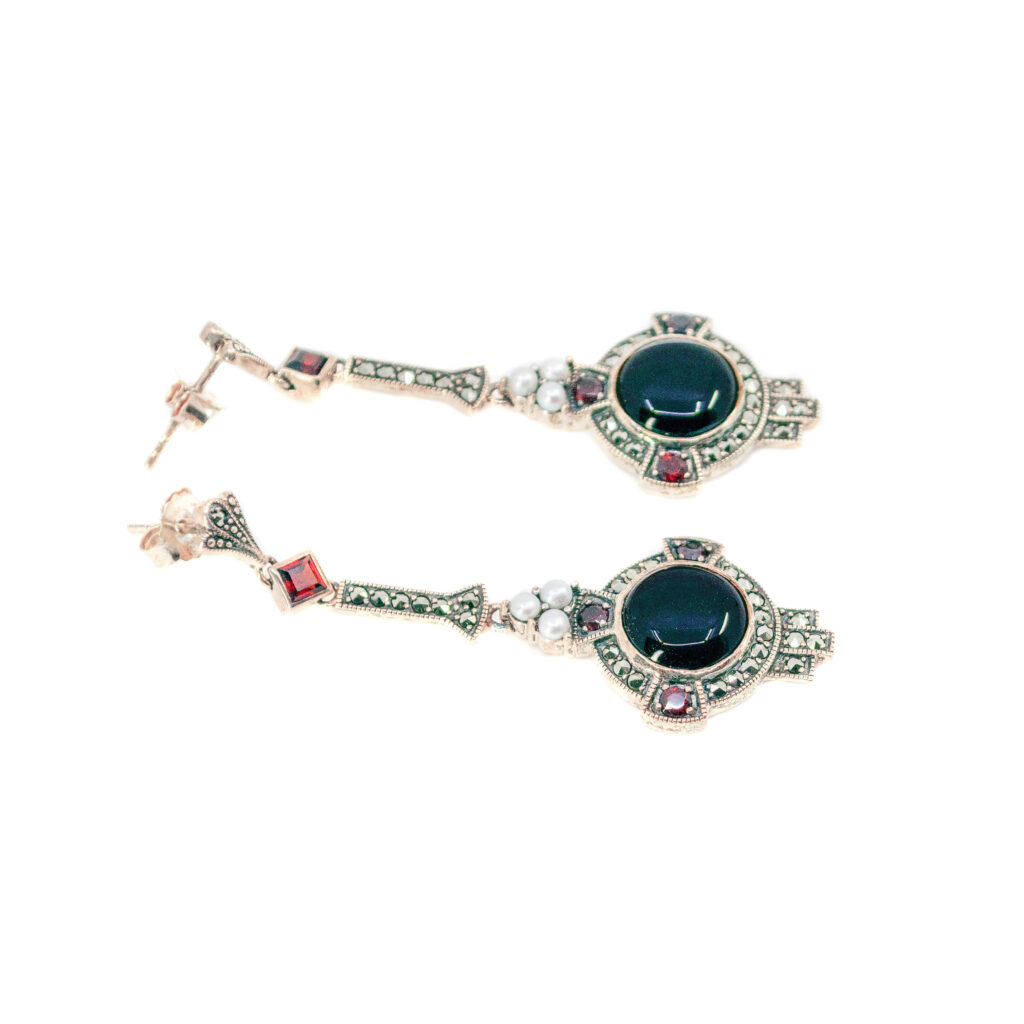 Garnet Marcasite (Pyrite) Onyx Pearl Silver Drop Earrings 9606-6370 Image2