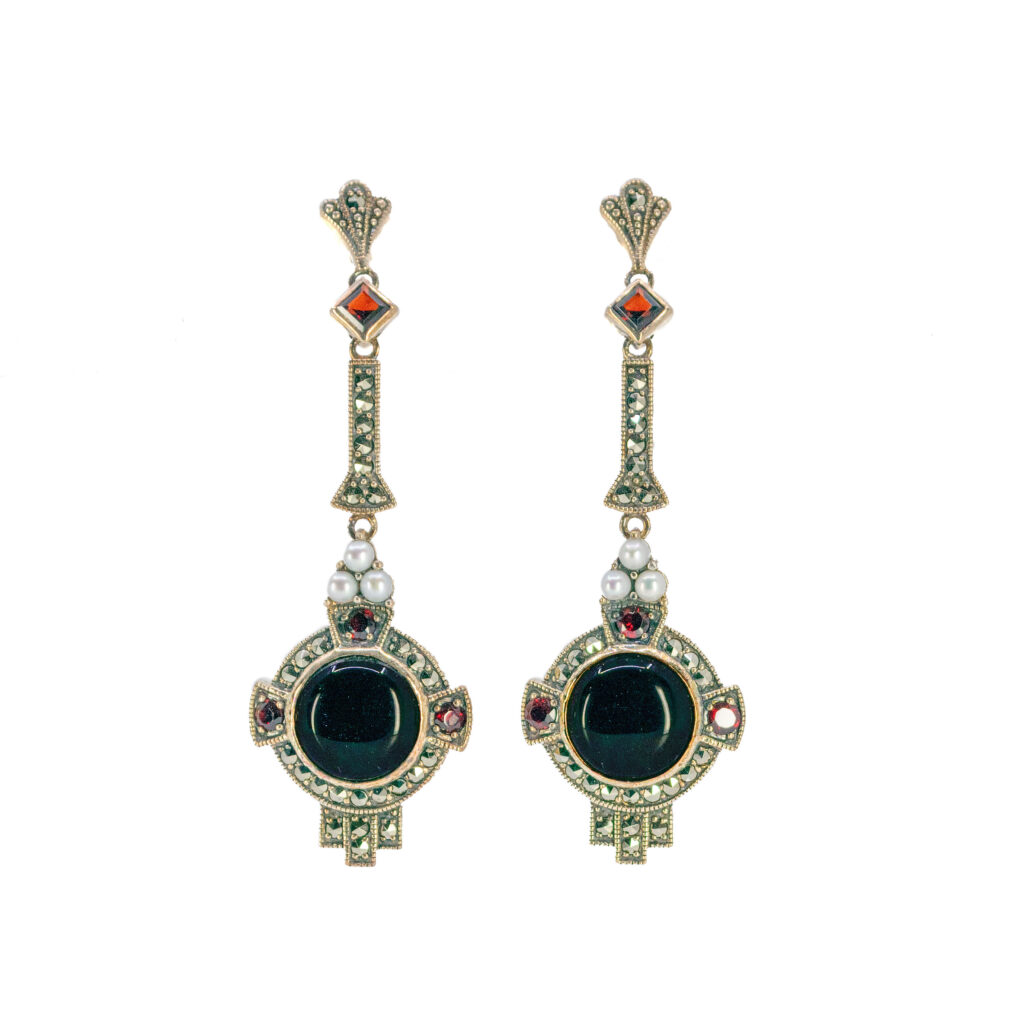 Garnet Marcasite (Pyrite) Onyx Pearl Silver Drop Earrings 9606-6370 Image1