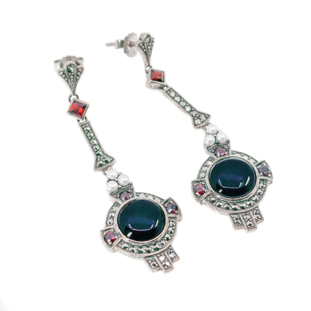 Garnet Marcasite (Pyrite) Onyx Pearl Silver Drop Earrings 9606-6370 Image3