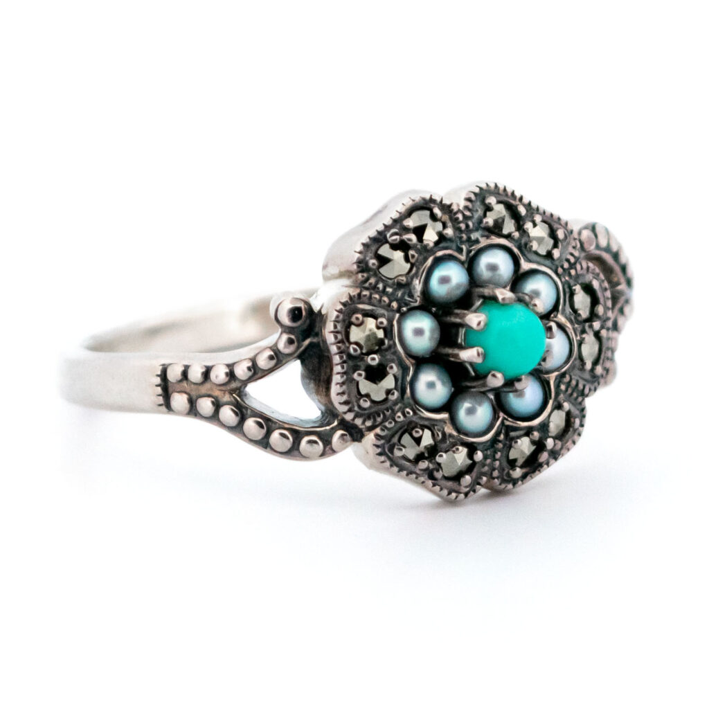 Marcasite (Pyrite) Pearl Turquoise Silver Cluster Ring 15378-2128 Image4