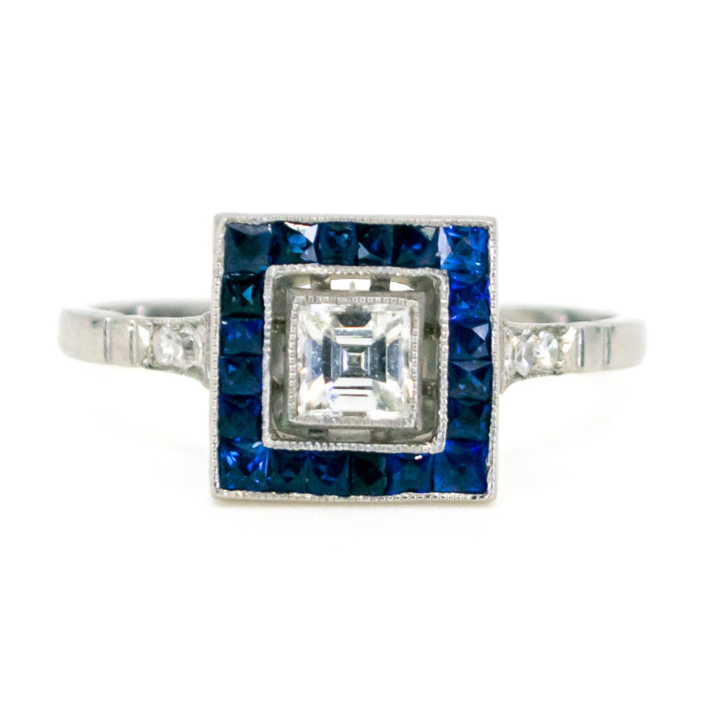 Diamond Sapphire Platinum Square-Shape Ring 11142-0106 Image1