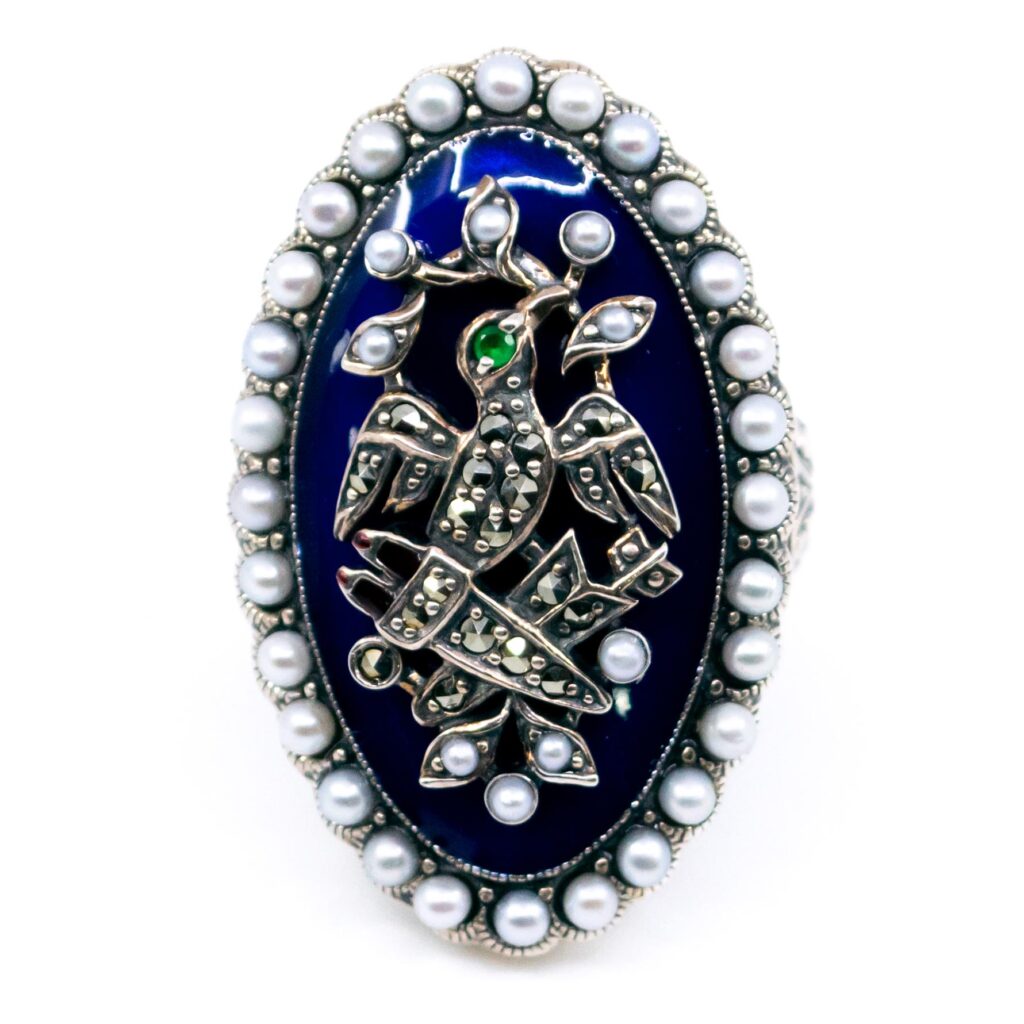 Anello figurale in argento con perla marcasite (pirite) smaltata smeraldo 14182-1517 Image1