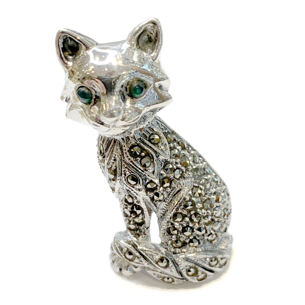 Spilla con gatto in argento marcasite (pirite) di agata 14273-1572 Immagine1