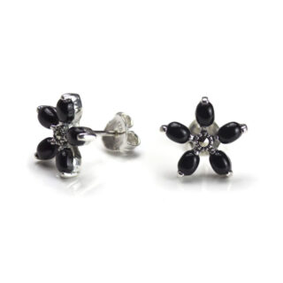 Marcasite (Pyrite) Onyx Silver Floral Earrings 14275-1574 Image1