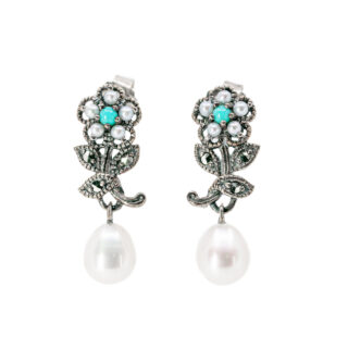 Pearl Turquoise Marcasite (Pyrite) Silver Floral Earrings 14660-1744 Image1