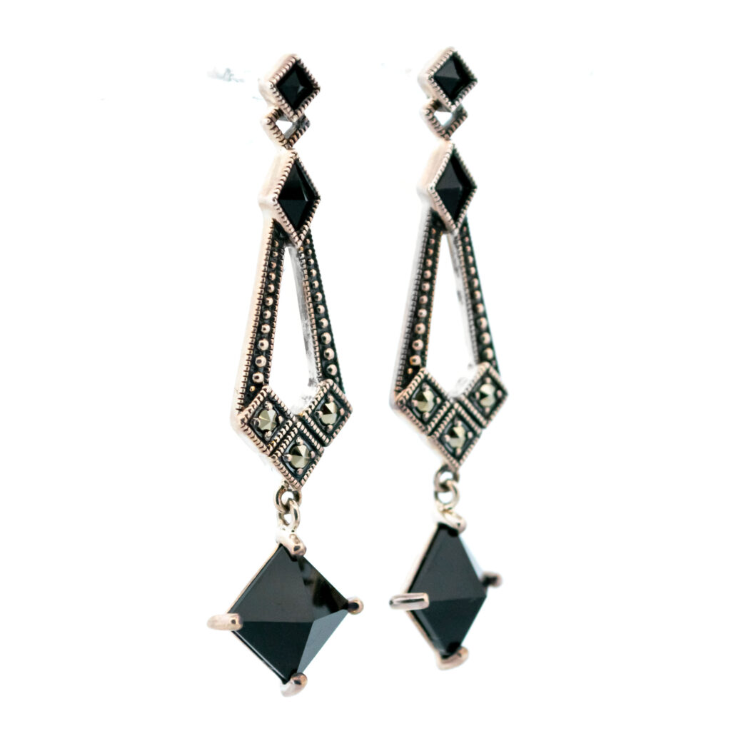 Onyx Marcasite (Pyrite) Silver Drop Earrings 14685-1769 Image2