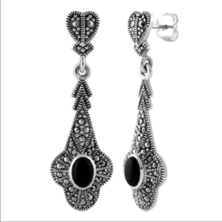 Marcasite (Pyrite) Onyx Silver Drop Earrings 14769-1847 Image1