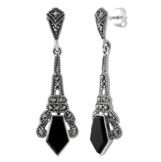 Marcasite (Pyrite) Onyx Silver Drop Earrings 14771-1849 Image1