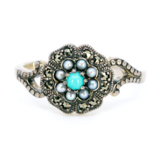 Marcasite (Pyrite) Pearl Turquoise Silver Cluster Ring 15378-2128 Image1