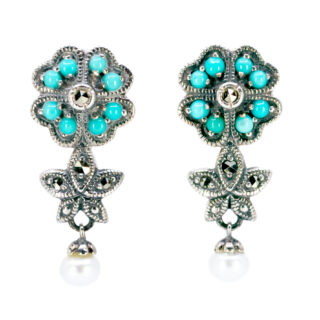 Boucles d'oreilles pendantes en argent marcassite (pyrite) perle turquoise 15410-2160 Image1