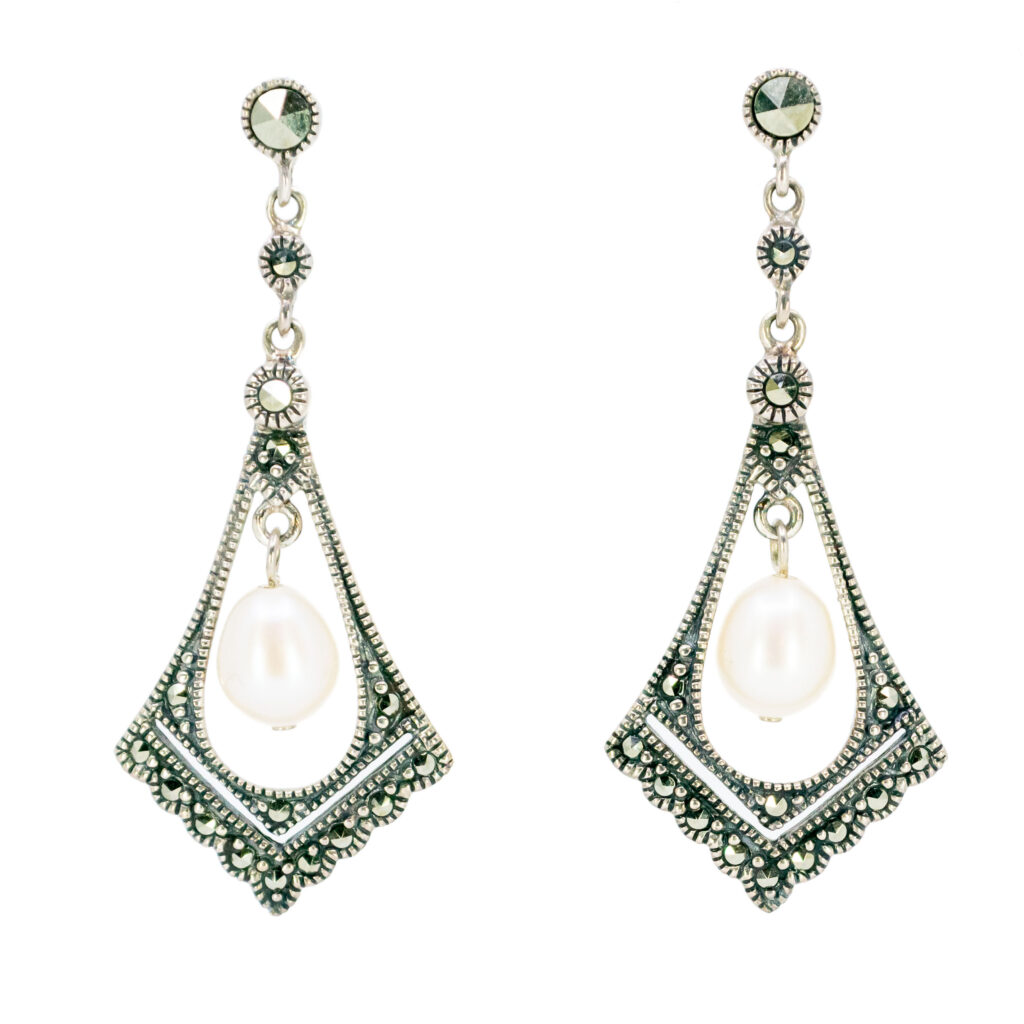 Marcasite (Pyrite) Pearl Silver Drop Earrings 15627-2227 Image1