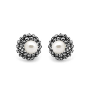 Marcasite (Pyrite) Pearl Silver Cluster Earrings 15698-2281 Image1