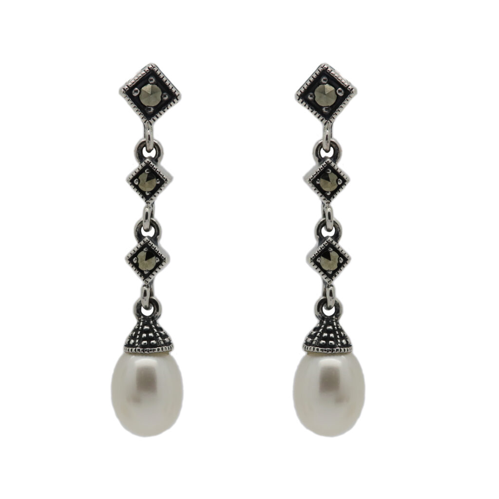 Marcasite (Pyrite) Pearl Silver Drop Earrings 15701-2284 Image1