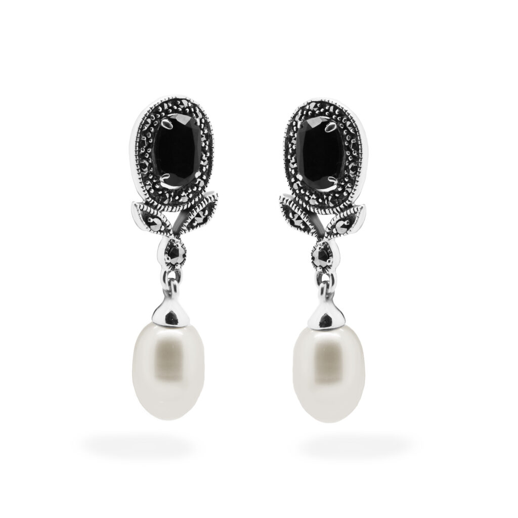 Marcasite (Pyrite) Onyx Pearl Silver Pendant Earrings 15707-2289 Image1