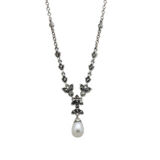 Marcasite (Pyrite) Pearl Silver Lavalier Necklace 15849-2339 Image1